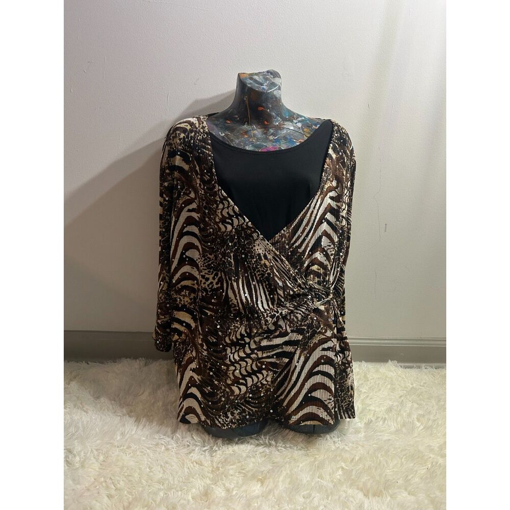 Notations Womens Size XL Faux Wrap Animal Print Plisse Blouse Sequin Tunic Top